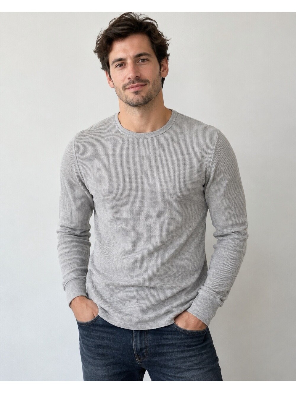 H&M Men’s Medium Slim Fit Gray Waffle Knit Thermal Long Sleeve Crew Neck Shirt